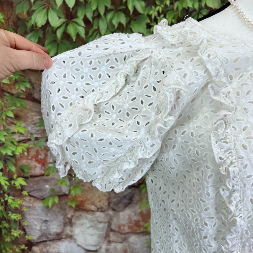 RACHEL PARCELL Cottagecore White Eyelet Ruffle Accent Puff Sleeve Summe Blouse M - Picture 3 of 10